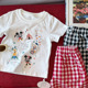 儿童新款 洋气卡通男女童纯棉可爱印花短袖 T恤格子裤 夏季 两件套装