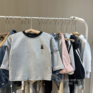 中小儿童条纹拼接假两件上衣潮 新款 男童帅气百搭圆领长袖 t恤秋装