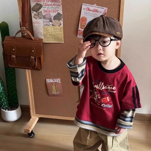 T恤男女童条纹拼接假两件宽松上衣 时髦卡通百搭长袖 儿童新款 秋装