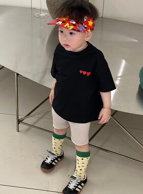 夏装新款~男女童洋气时尚黑色短袖T恤衫中小童纯棉百搭圆领半袖薄
