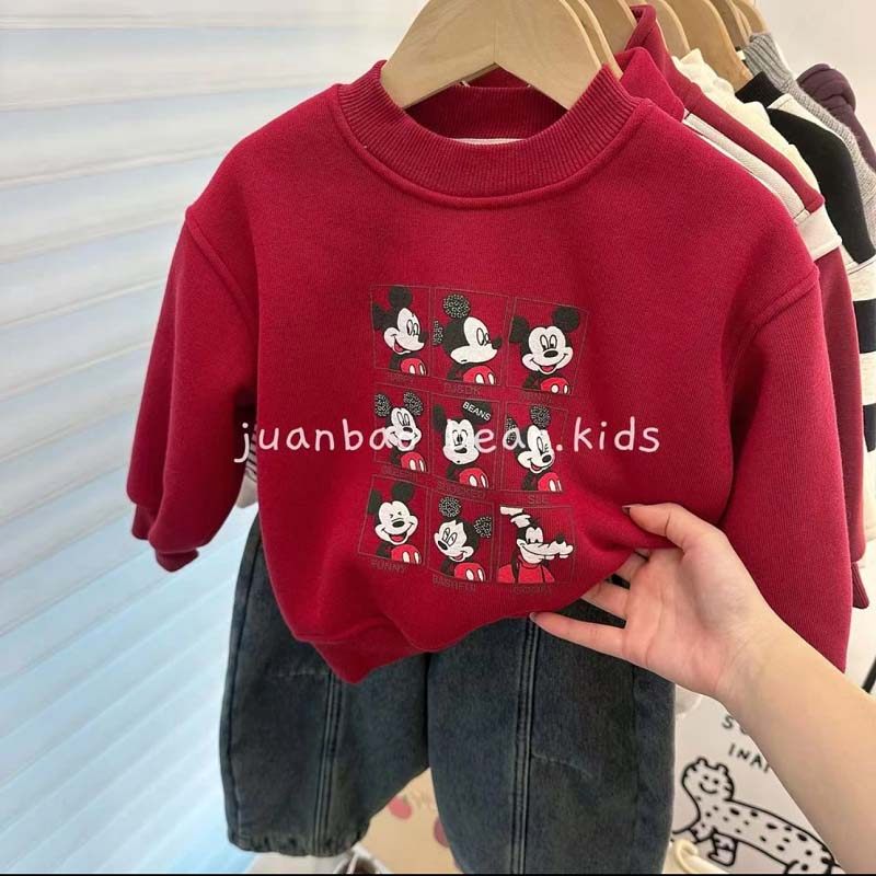 儿童新款韩系加绒百搭圆领卫衣冬装男女童卡通趣味加厚保暖套头衫