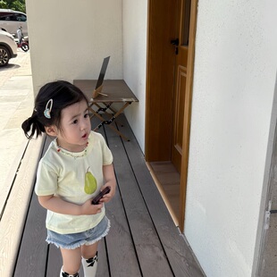 中小儿童洋气可爱梨子印花短袖T恤衫夏装男女童纯棉宽松百搭上衣
