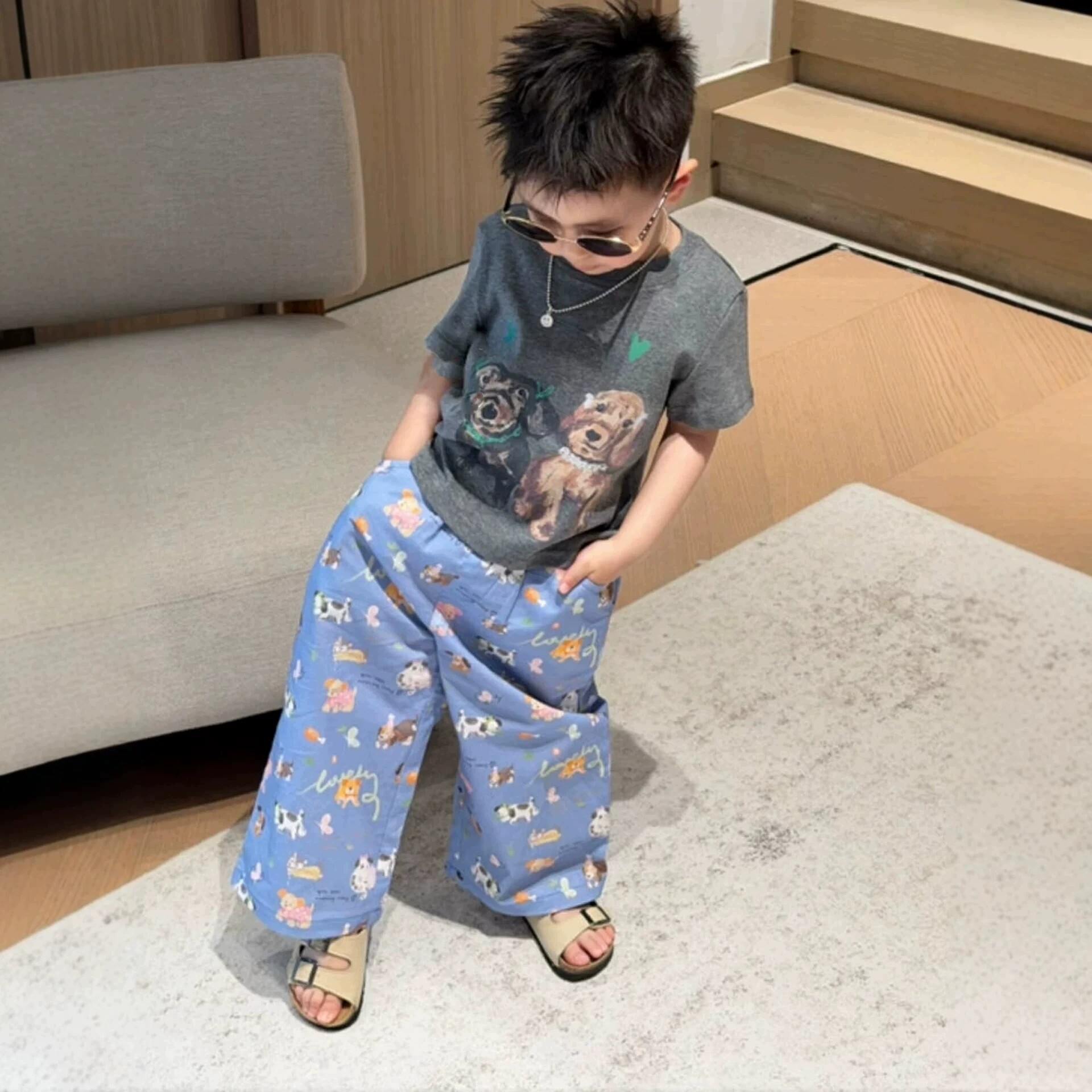 夏季儿童两件套~男女宝宝纯棉短袖T恤中小童卡通满印阔腿裤套装薄