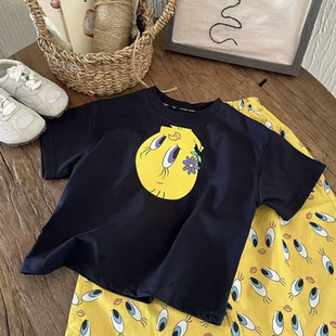 夏季男女童两件套装韩系卡通印花纯棉短袖儿童休闲可爱满印防蚊裤