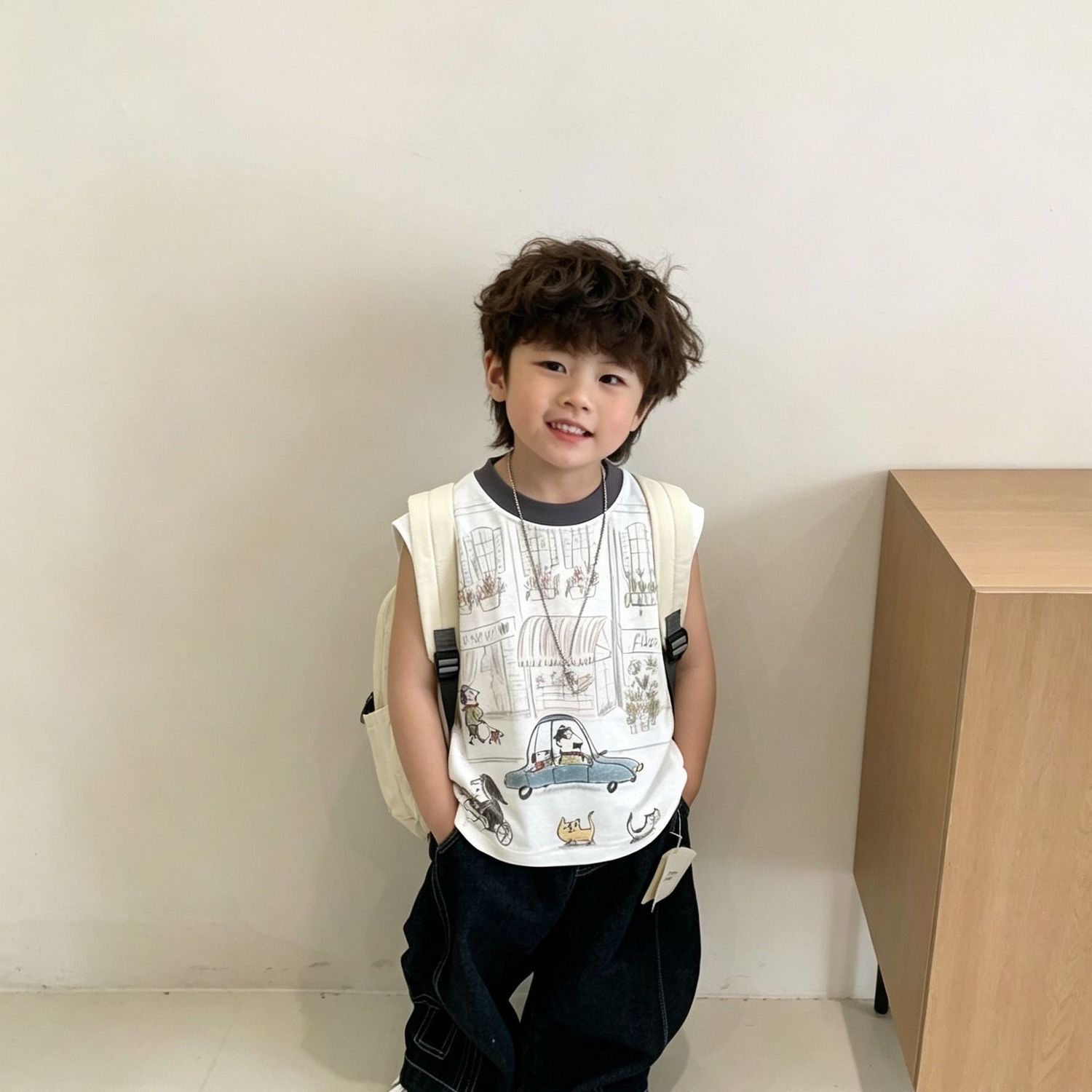 中小童韩版休闲百搭无袖T恤衫夏季新款男童洋气卡通背心运动上衣