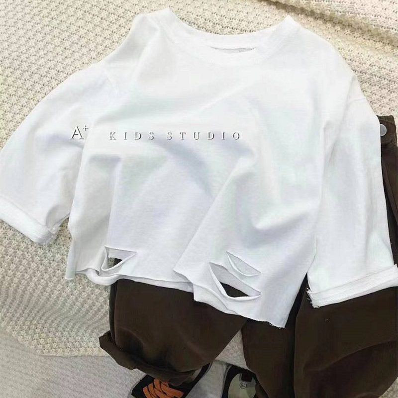 儿童纯色破洞帅气百搭长袖t恤春秋装男女童纯棉百搭打底衫上衣薄