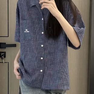 格纹短袖衬衫女夏季2026新款日系复古休闲宽松慵懒风男女款衬衣潮