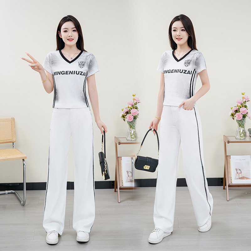 特尔美印花时尚休闲套装女夏季穿搭一整套运动服修身短袖阔腿裤显