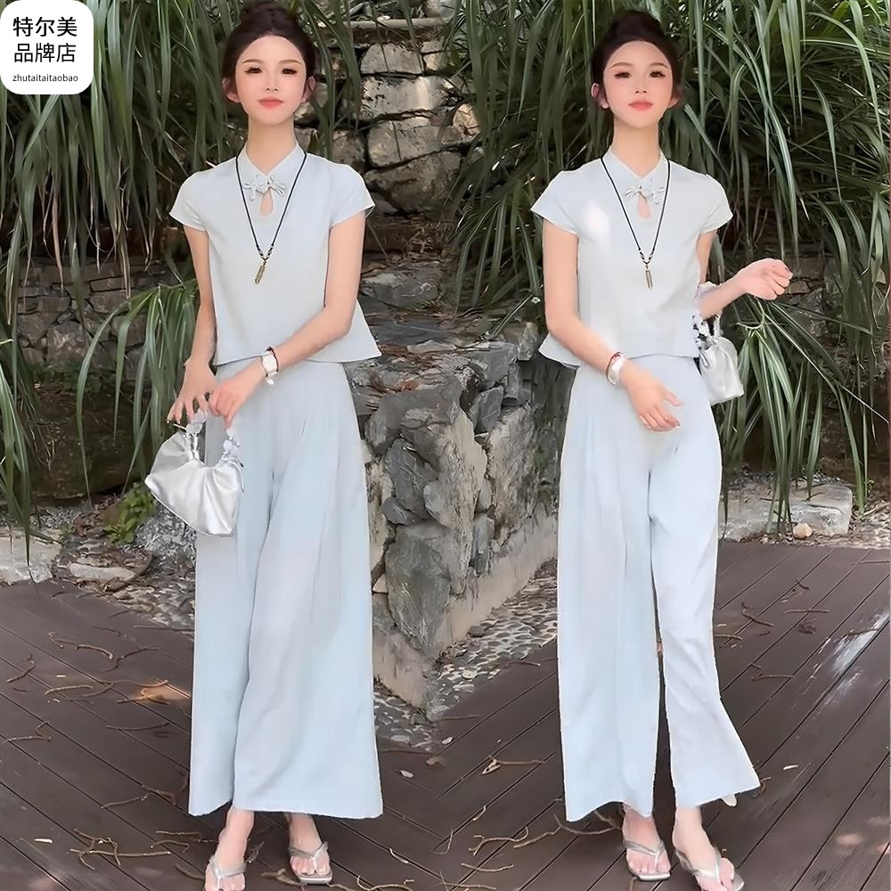 高级爆款新中式国风套装女2025夏装大方得体穿搭短袖衬衫阔腿裤两