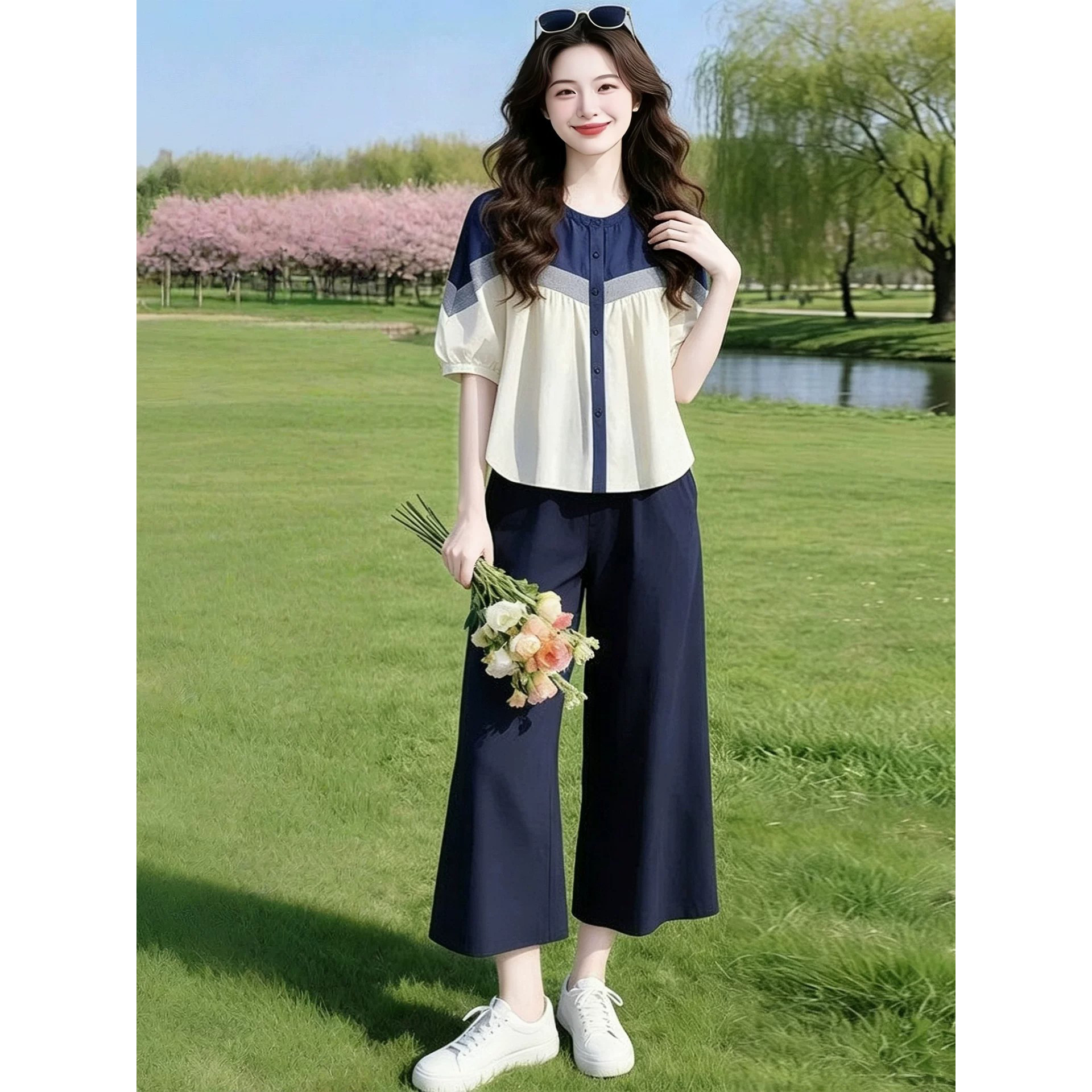 特尔美时尚套装女夏装新款宽松遮肚子显瘦短袖上衣九分阔腿裤休闲