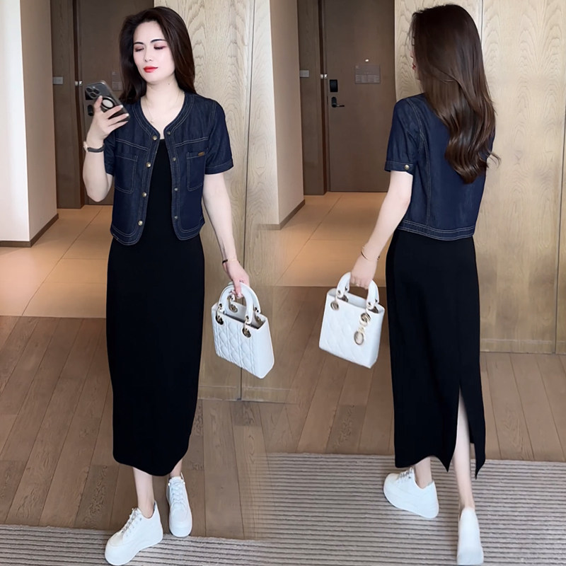 特尔美短款短袖牛仔小外套女士夏季新款薄款开衫吊带裙外搭坎肩上