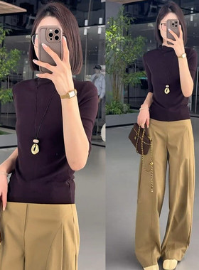 特尔美秋季慵懒风套装女中袖针织上衣垂感阔腿裤显瘦百搭两件套搭