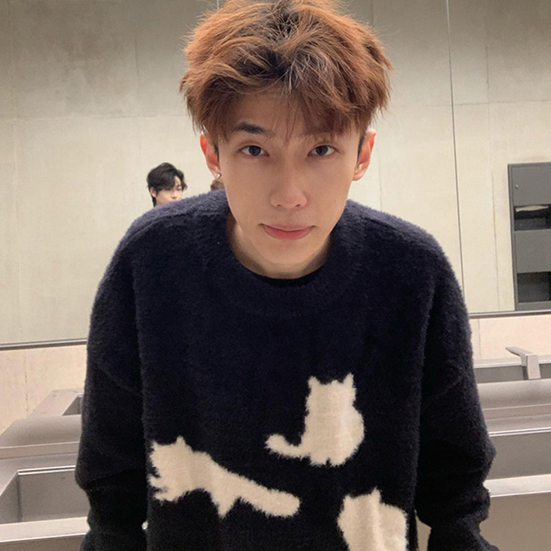 美式卡通猫咪马海毛毛衣男春秋冬潮牌设计感圆领针织衫慵懒风外套