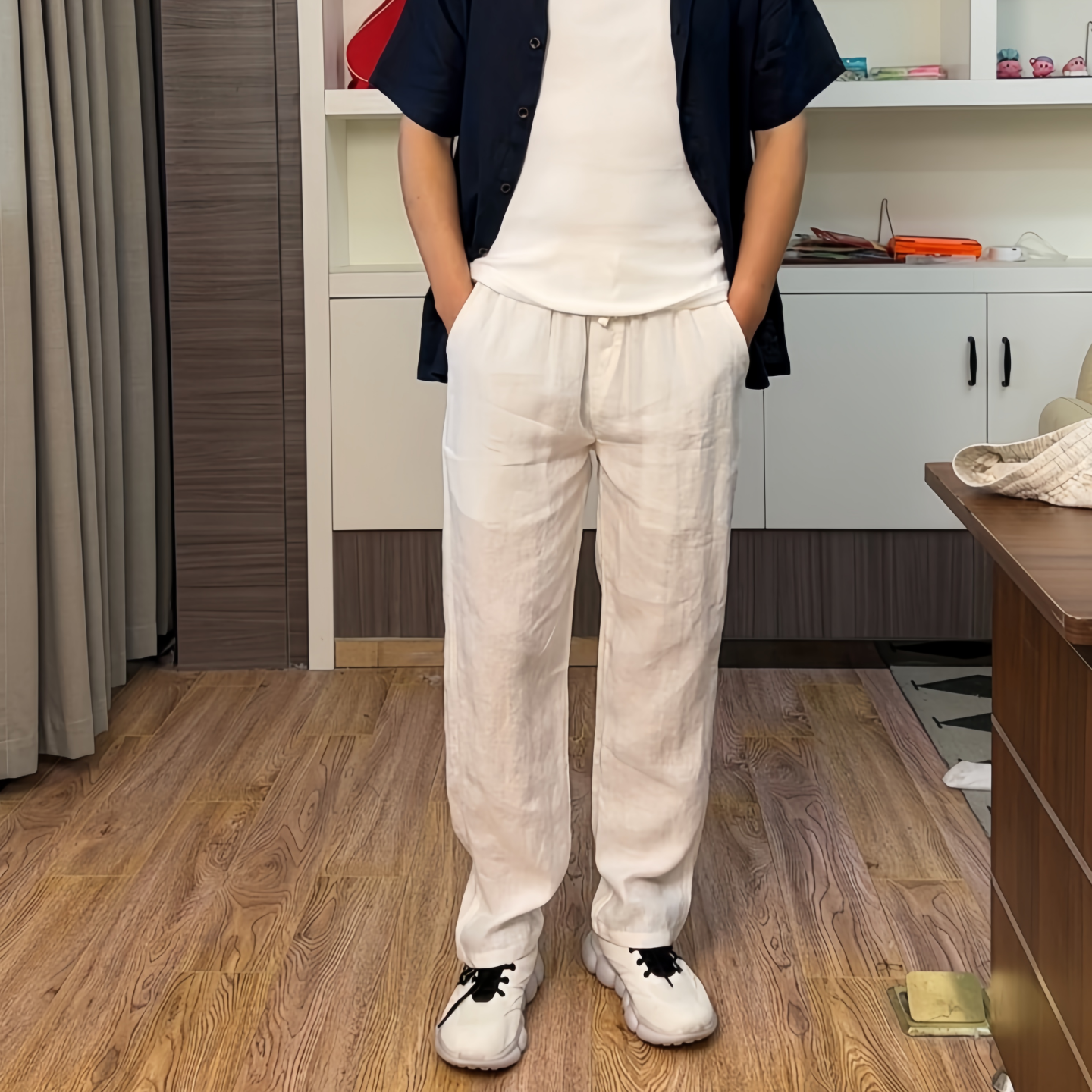 亚麻裤子男薄款休闲老钱风直筒裤