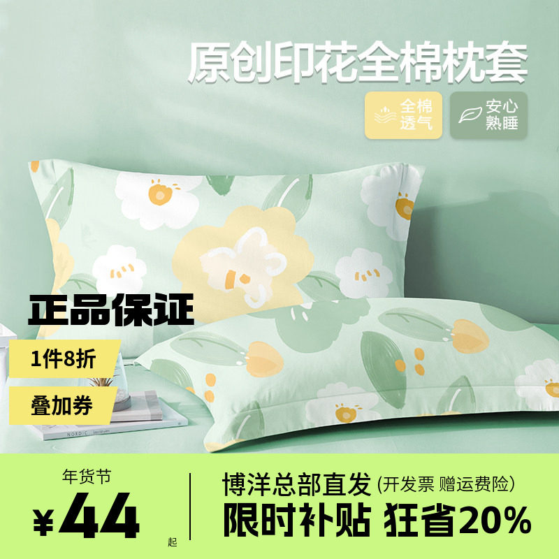 博洋全棉枕套一对装纯棉枕头套48cmx74cm单个磨毛加厚枕芯内胆套