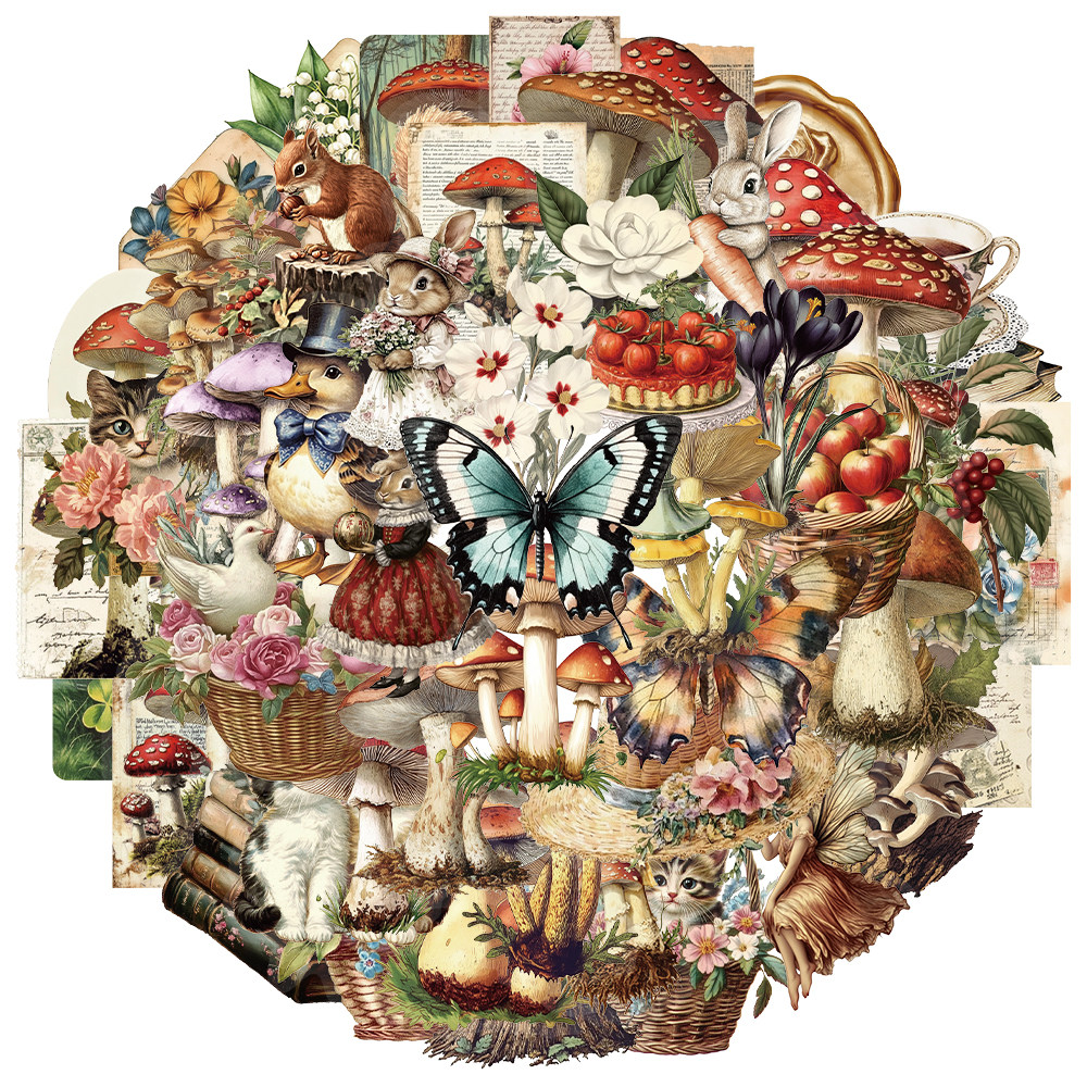 50张/套创意复古蘑菇PET透明材质贴纸DIY笔记本个性装饰贴纸,文具电教/文化用品/商务用品,贴纸/立体贴纸,淘宝优惠券,粉丝福利购,淘宝优惠卷