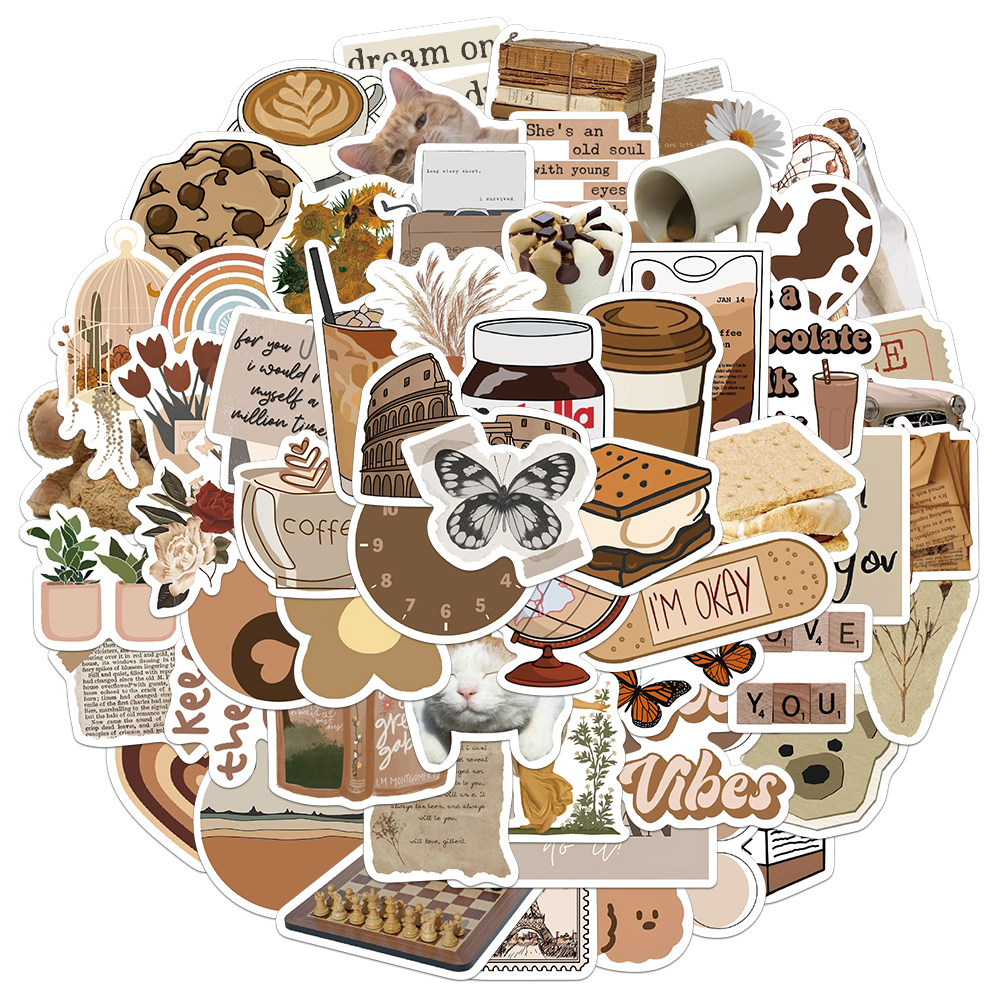 60张/套创意棕色美学涂鸦贴纸好看手机笔记本行李箱个性装饰贴纸,文具电教/文化用品/商务用品,贴纸/立体贴纸,淘宝优惠券,粉丝福利购,淘宝优惠卷