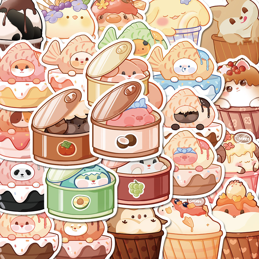 【原创】40张动物食物可爱卡通贴纸精美手账电脑水杯装饰防水贴画