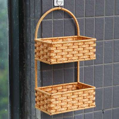 免打孔浴室用品置物架仿藤编多层厨房姜蒜收纳筐客厅阳台壁挂篮