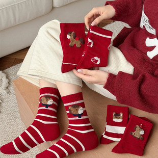 属马红袜子女本命年中筒袜秋冬新年马年卡通棉袜网红款 ins潮袜