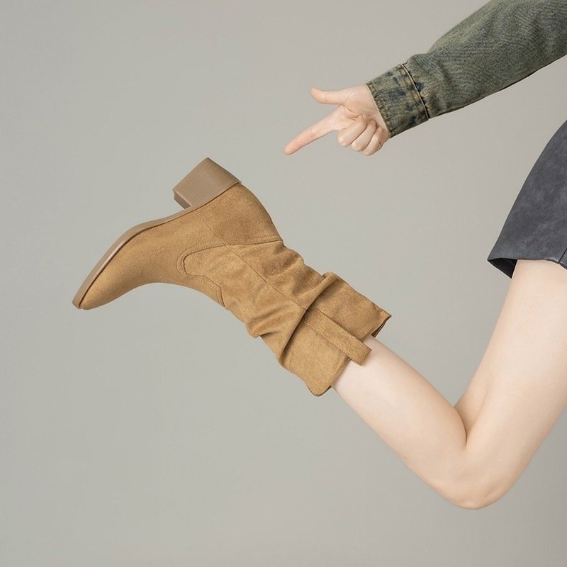 复古时尚牛仔靴女2026春季新款尖头粗跟褶皱马丁靴堆堆短筒骑士靴,女鞋,骑士靴,淘宝优惠券,粉丝福利购,淘宝优惠卷