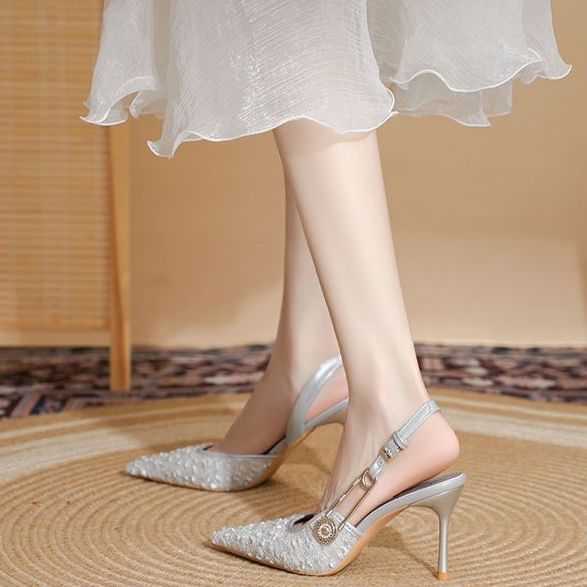 宴会鞋单鞋尖头细跟时尚亮片高跟鞋女2025年春秋新款一字扣配裙子