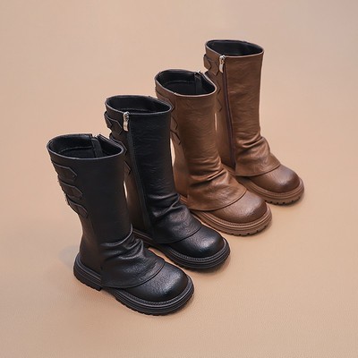 时装靴女童厚底短靴2025春秋新款短筒复古棕色堆堆靴西部靴裤管靴