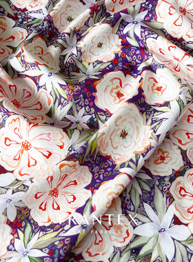 亚麻棉30%亚麻70%棉印花碎花服装布料连衣裙面料桔梗山茶花紫色