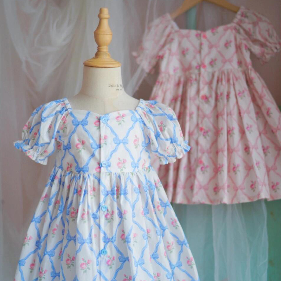 純棉府綢手工碎花印花布夏季童裝服裝連衣裙子面料蝴蝶結(jié)玫瑰菱格