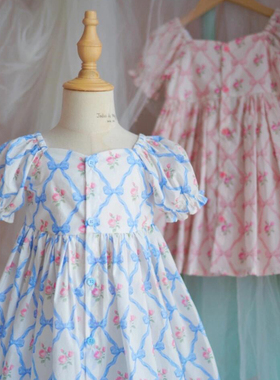 纯棉府绸手工碎花印花布夏季童装服装连衣裙子面料蝴蝶结玫瑰菱格