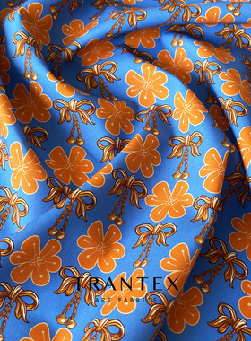 60支全棉府绸简约高端撞色纯棉连衣裙布料面料铃铛蝴蝶结蓝色