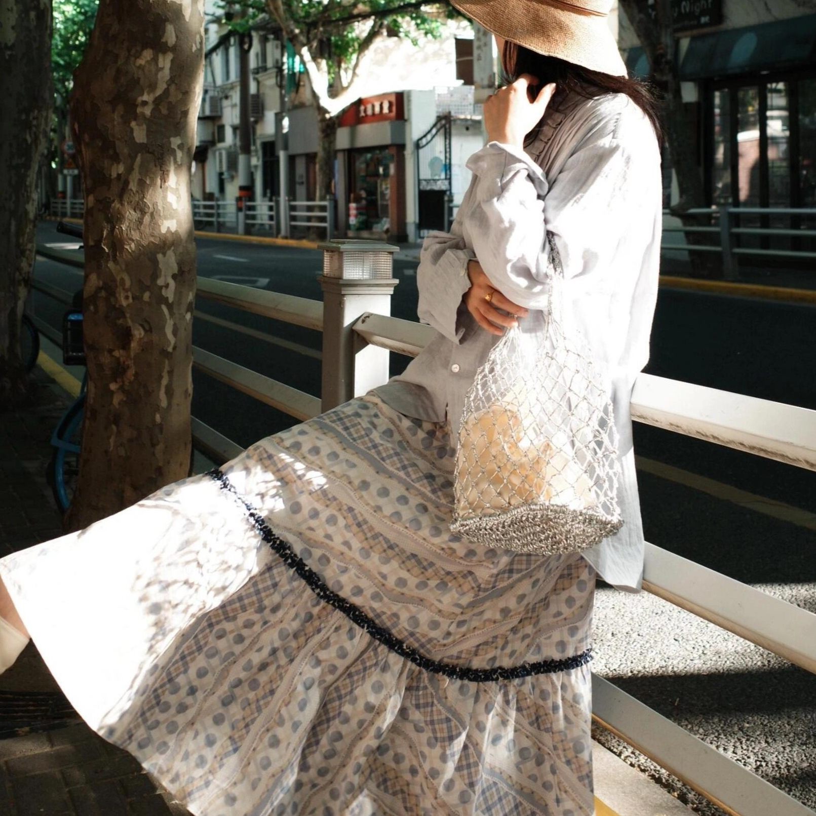 斜条纹圆点简约100s长绒棉服装连衣裙全棉印花布料面料流年蓝色