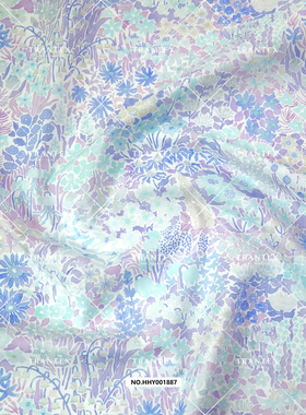 60s全棉府绸水彩花卉DIY服装衬衫连衣裙印花布面料后花园水蓝色