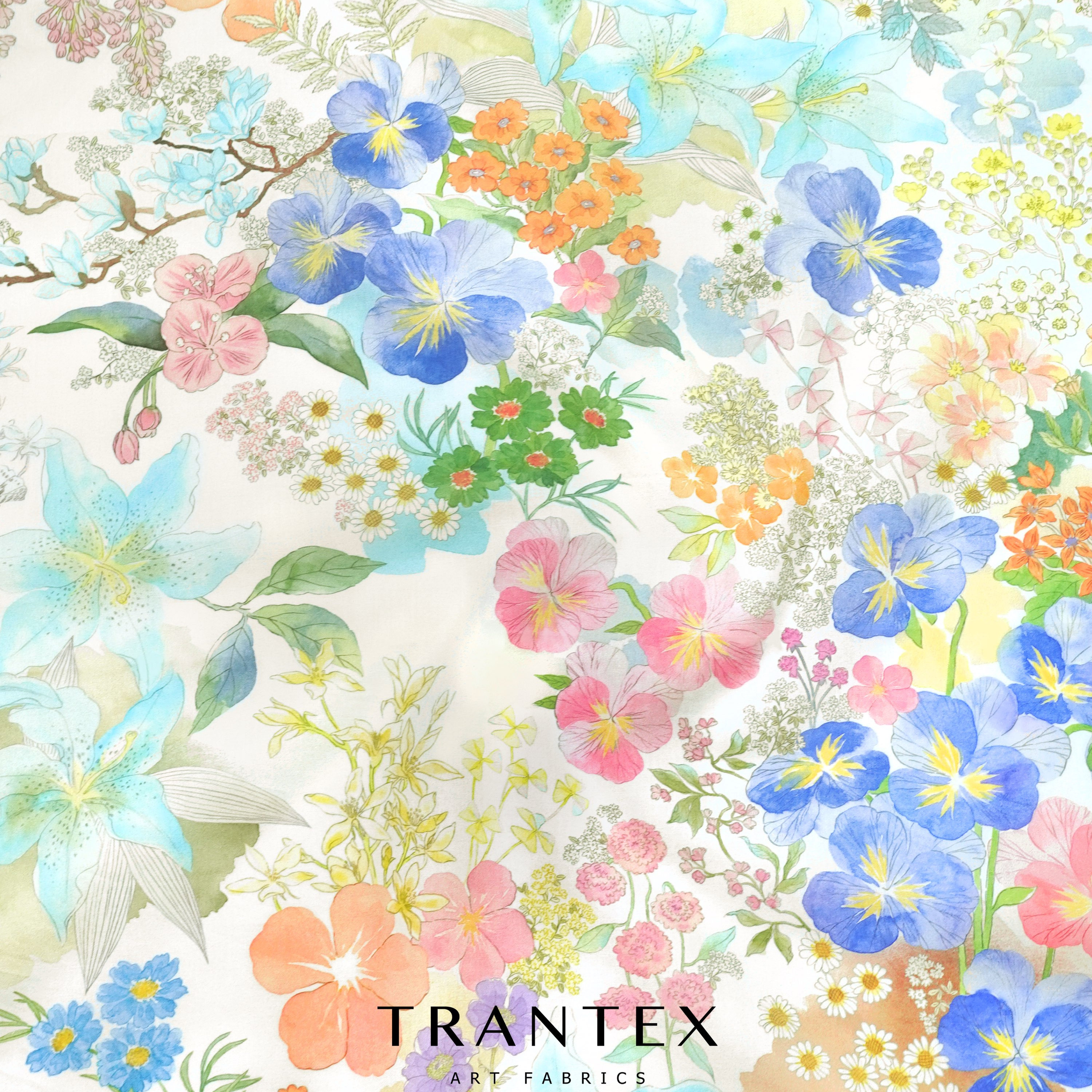 100s长绒棉轻薄全棉服装裙子花卉水彩手绘印花布料面料满园春色1