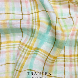 天冉纯亚麻法国亚麻进口纱线细亚麻印花服装连衣裙布料面料彩格3