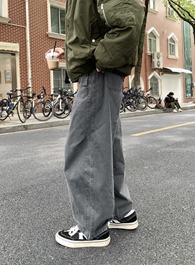 灰色水洗做旧重磅工装裤男生2025新款全棉宽松休闲阔腿弯刀长裤子