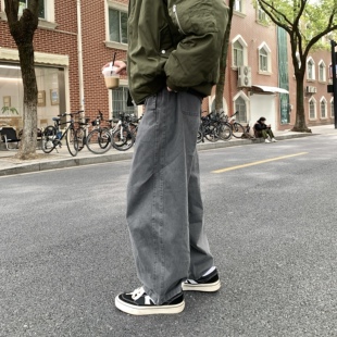 灰色水洗做旧重磅工装裤男生2025新款全棉宽松休闲阔腿弯刀长裤子