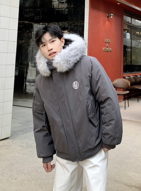 灰色可拆卸毛领工装连帽派克棉服男生冬季加厚保暖宽松休闲外套潮