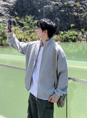 420g重磅灰色短款立领开衫卫衣男生春秋季双拉链纯色休闲百搭上衣