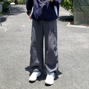 SUNSET 复古纯色松紧腰褶皱抽绳工装裤男简约宽松休闲百搭长裤