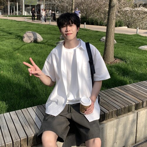 简约基础款纯色短袖衬衫男夏季