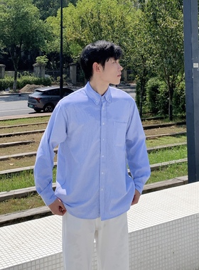 SUNSET 简约基础蓝色条纹衬衫男生2025秋季宽松休闲百搭长袖衬衣