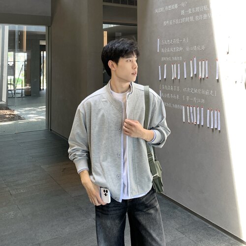 复古假两件华夫格立领卫衣外套男