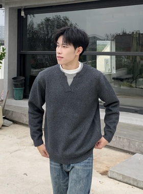 深灰色假两件V领加厚毛衣男生秋冬2025日常休闲百搭宽松套头上衣