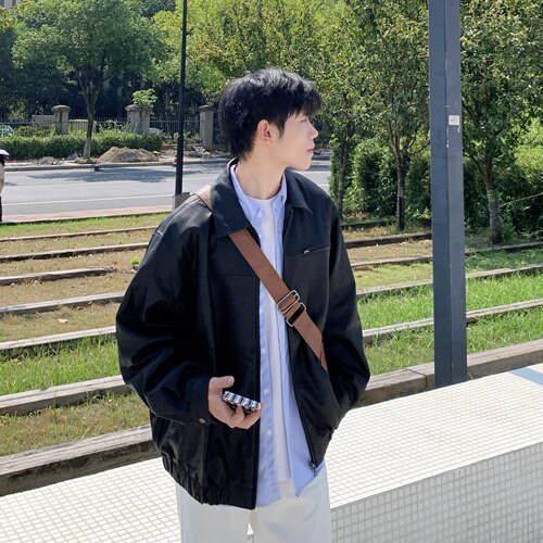 翻领黑色PU皮衣夹克外套男生春秋