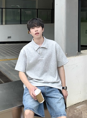 SUNSET 330g简约灰色翻领短袖polo衫男夏季宽松休闲百搭上衣套头