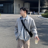 灰色假两件拼接牛仔卫衣夹克男生2026春季 翻领宽松休闲百搭上衣