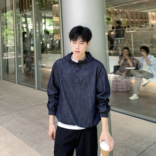 复古半开襟连帽牛仔夹克男生秋季