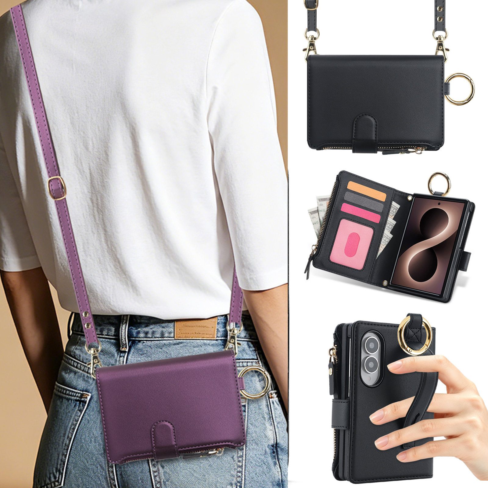 适用三星Galaxyzfold8ultra手机壳新款小香风zfold7中轴全包指环腕带保护套W26折叠屏拉链零钱包带挂绳女外壳