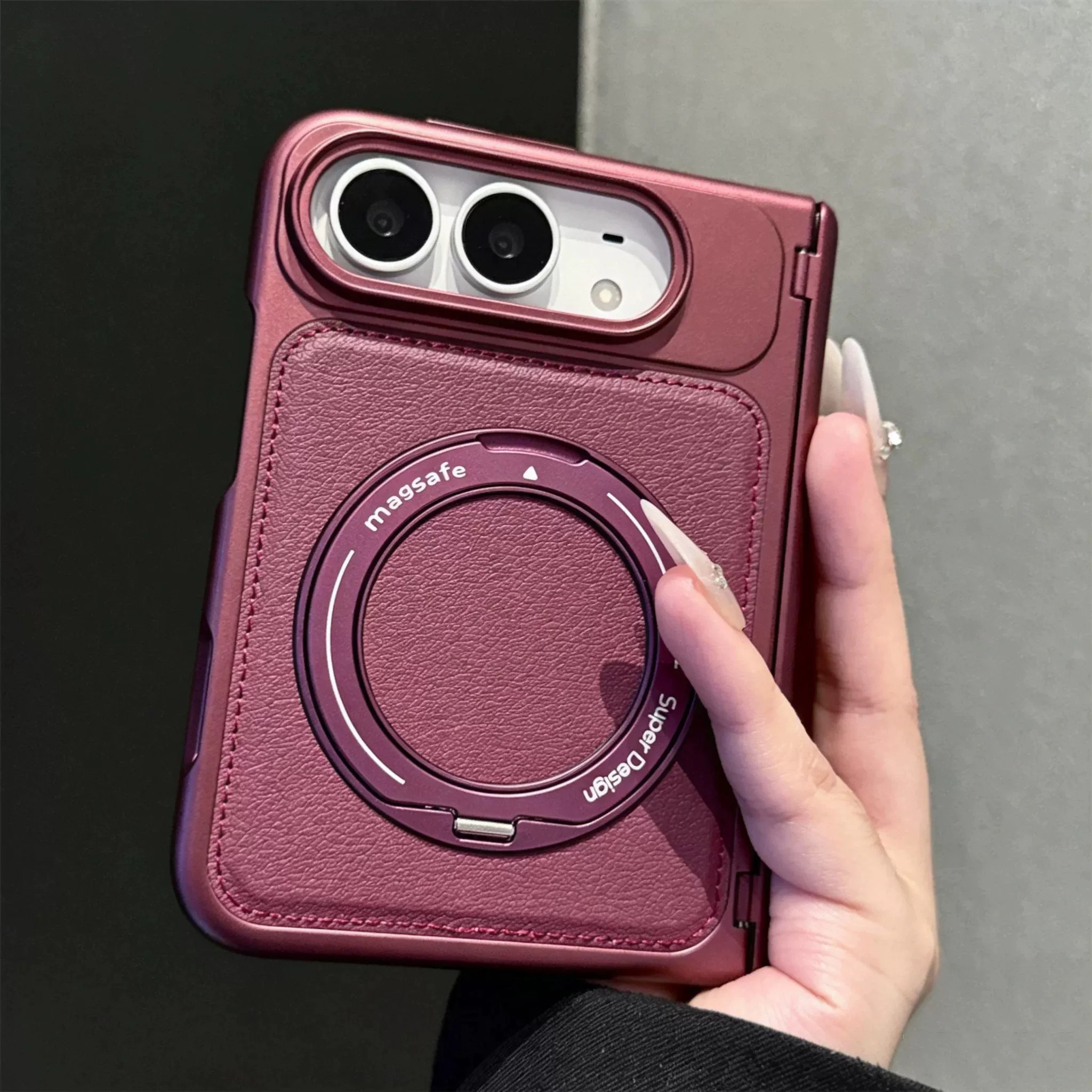 适用iPhoneDuo手机壳新款苹果折叠屏双中轴全包防摔保护皮套iphoneduo磁吸旋转支架复古酒红色高级感男女外壳